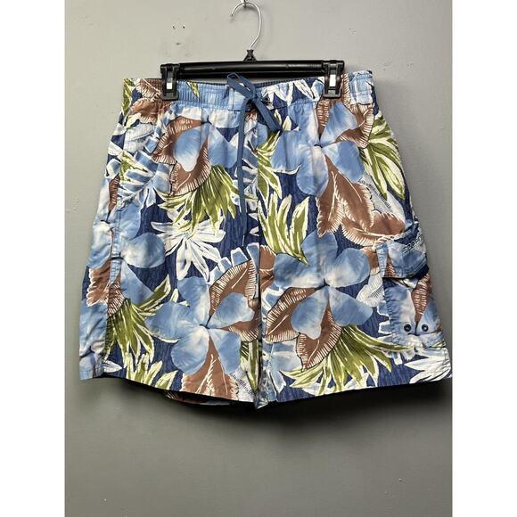 Speedo Swim Trunks Mens Large Blue‎ Floral Leaves Pockets Drawstring Mesh Lining - Picture 1 of 8